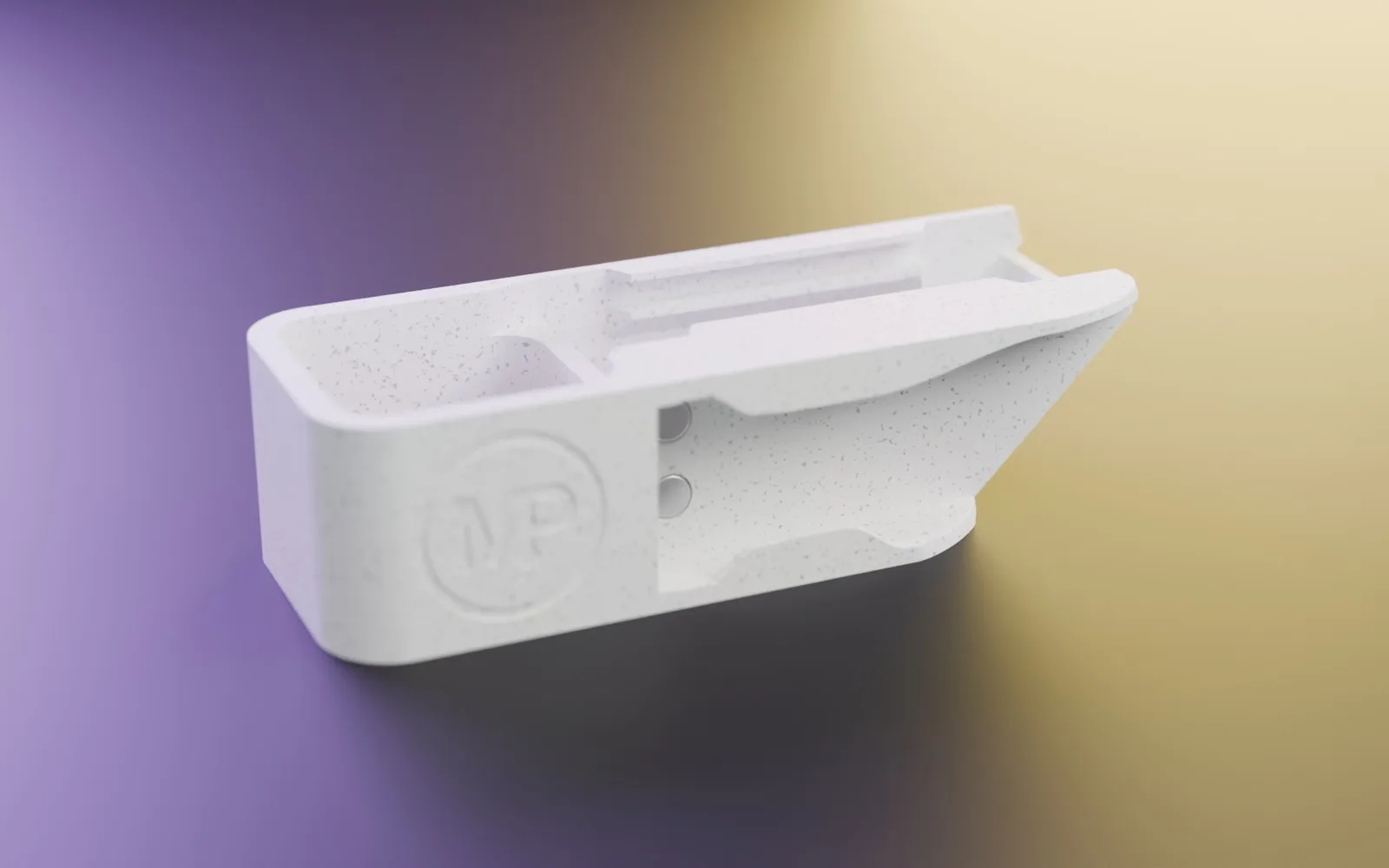 The Smokit, a white 3D-printed pocket case with the engraved Mistyprints logo.